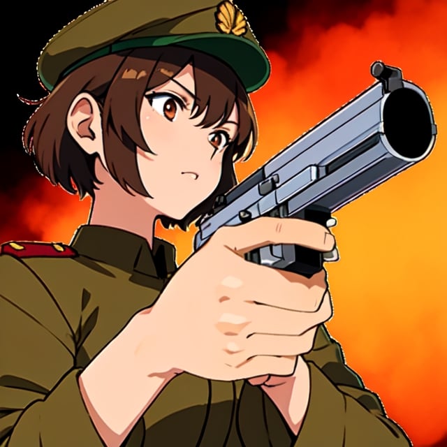 Military uniform  light brown a girl  japanese commander with a gun in hands