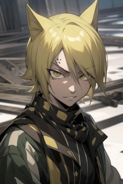 masterpiece, best quality, photorealistic, 1boy, solo, male focus, looking at viewer, , , , , <lora:jackal_fairy_tail:0.68>, jackal_fairy_tail, blonde hair, yellow eyes, convict costume, world war 2,