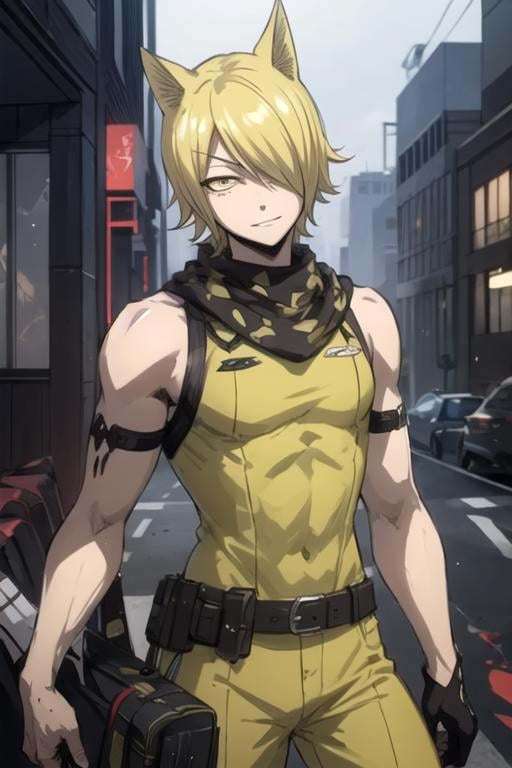 masterpiece, best quality, sketch, 1boy, solo, male focus, looking at viewer, , , , , <lora:jackal_fairy_tail:0.68>, jackal_fairy_tail, blonde hair, yellow eyes, teddy bear costume, science fiction cyber-noir,