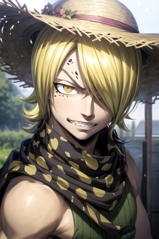 masterpiece, best quality, game cg, 1boy, solo, male focus, looking at viewer, , depth of field, anime coloring, realistic, <lora:jackal_fairy_tail:0.70>, jackal_fairy_tail, blonde hair, yellow eyes, , straw hat, ,