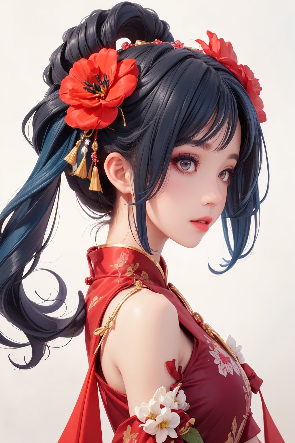 1girl, solo, hair ornament, flower, hair flower, makeup, blue hair, eyelashes, white background, black hair, eyeshadow, lips, profile, parted lips, chinese clothes, red lips, bare shoulders, upper body, lipstick, simple background