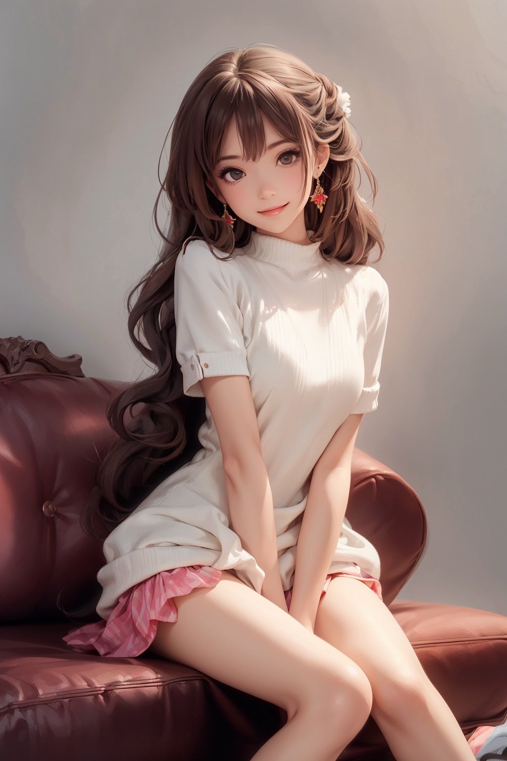 1girl, solo, long hair, earrings, jewelry, sitting, sweater, looking at viewer, head tilt, couch, hand between legs, very long hair, lips, wavy hair, between legs, brown hair, watermark, black hair, closed mouth, smile, artist name, brown eyes, grey background, black eyes, eyelashes