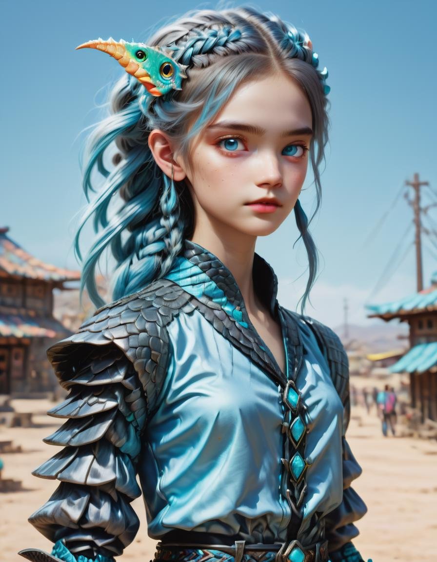 ( fullbody shot:3.0) Teenager, Sinewy, Gypsies, Steel gray eyes,    Pointed Jaw, Soft Cheeks, Flat Forehead,  Sculpted Shoulders, Natural "no-makeup" makeup , Pastel Blue Fishtail braid hair, Puzzlement wearing F41Arm0rXL <lora:Fae_Armor_XL:1>