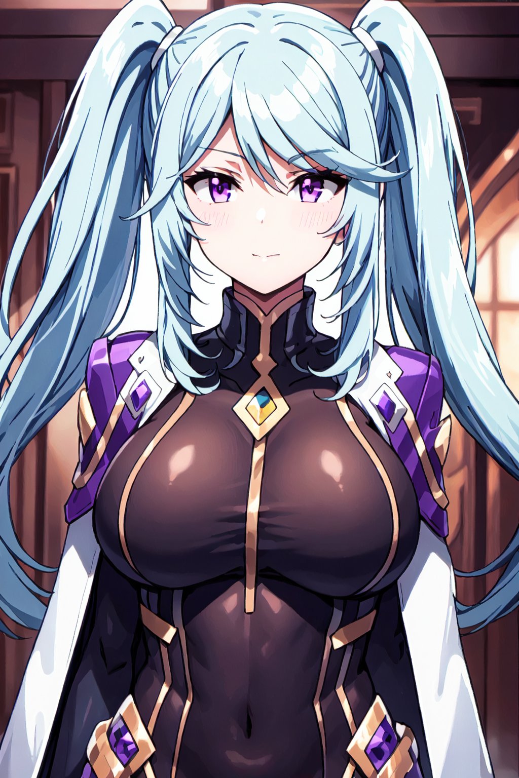 epsilon,1girl, breasts, solo, twintails, purple eyes, looking at viewer, covered navel, large breasts, long hair, bangs, blue hair, upper body, closed mouth, cape, sidelocks, taut clothes, bodysuit, skin tight, blush,black-yellow bodysuit


high quality,best quality,ultra detailed,masterpiece


