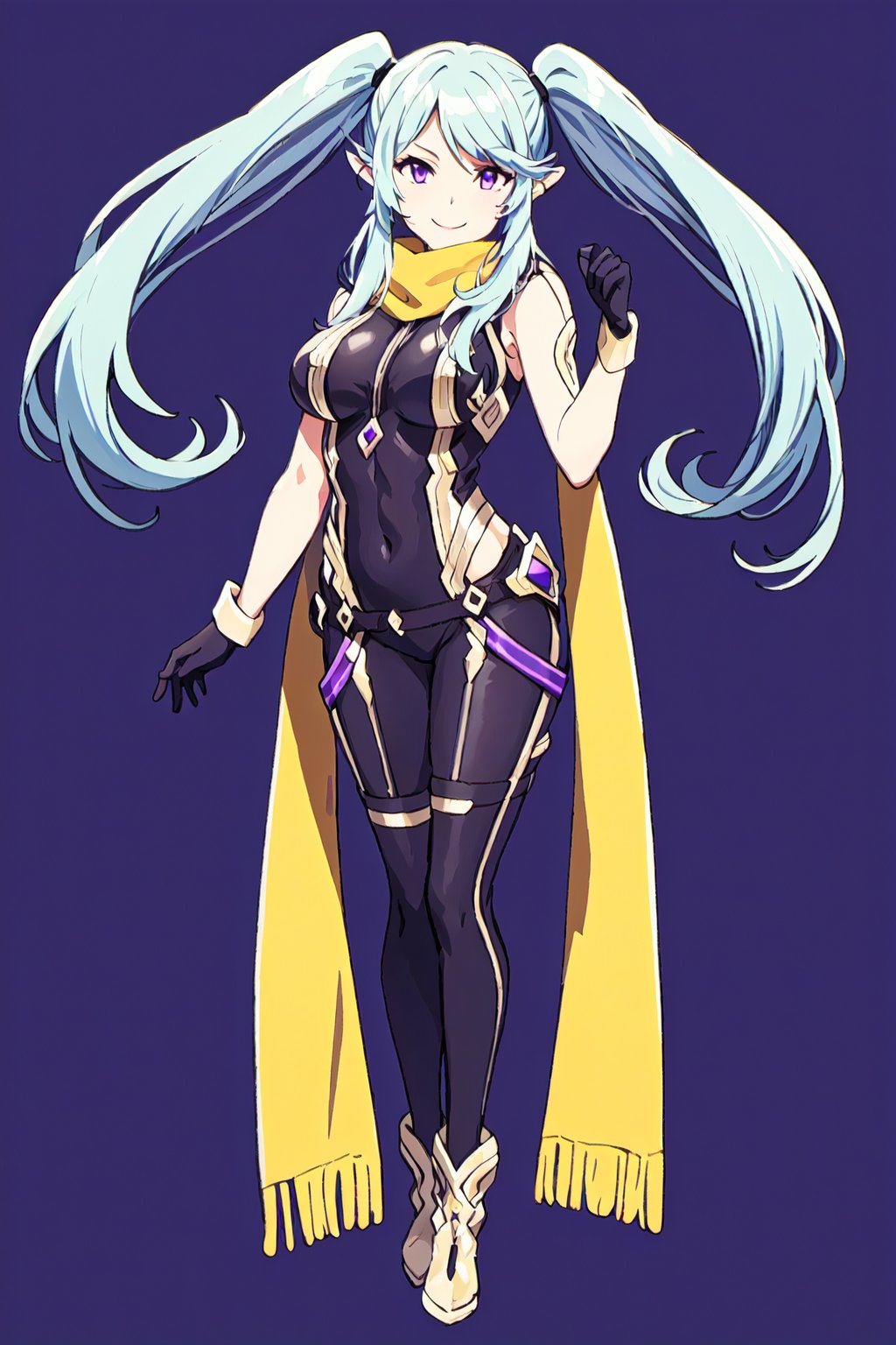 epsilon,1girl, solo, twintails, purple eyes, long hair, smile, heart, full body, scarf, purple scarf, looking at viewer, bodysuit, pointy ears, blue hair, gloves, simple background, breasts, boots, blue background,black-yellow bodysuit



high quality,best quality,ultra detailed,masterpiece


