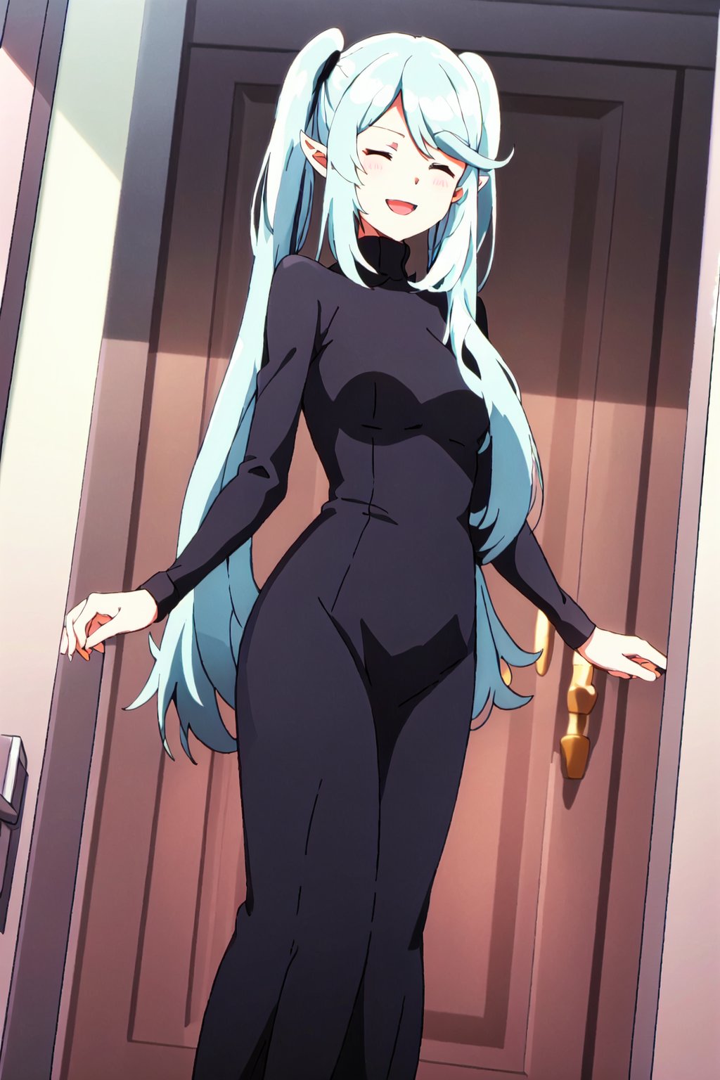 epsilon,1girl, closed eyes, solo, long hair, pointy ears, twintails, dress, open mouth, door, long dress, indoors, black dress, smile, long sleeves, breasts, very long hair, standing, bangs, blue hair, turtleneck, facing viewer, sidelocks





high quality,best quality,ultra detailed,masterpiece


