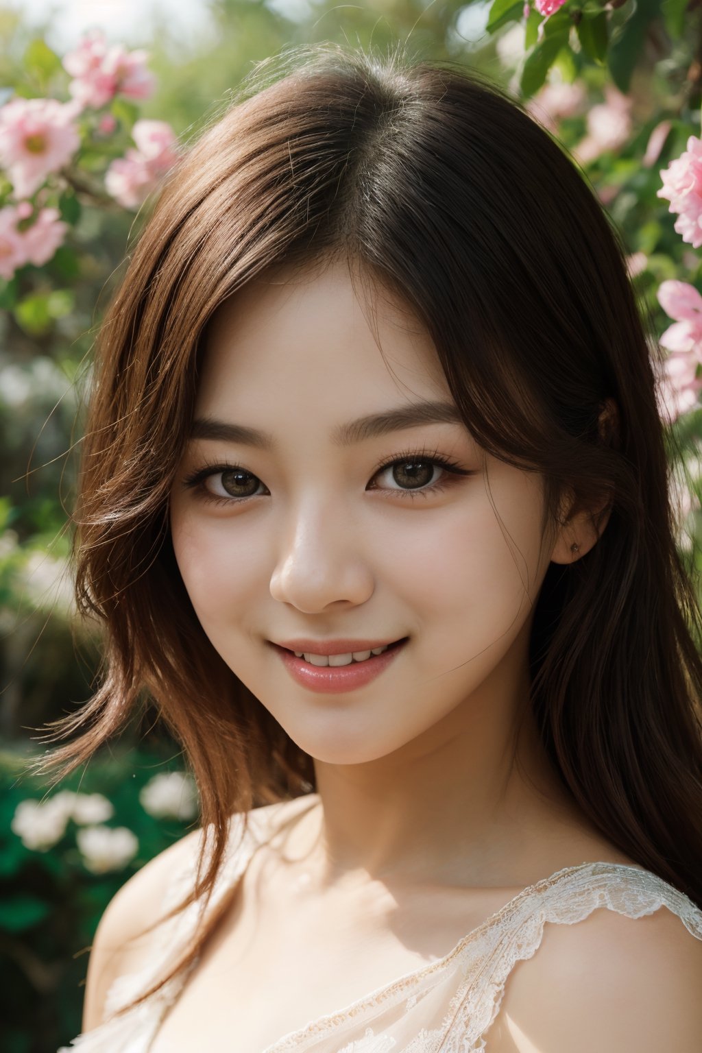 (best quality,4k,8k,highres,masterpiece:1.2),ultra-detailed,(realistic,photorealistic,photo-realistic:1.37),1Girl,korean,cute smile,off-the-shoulders,cinematic lighting,beautiful detailed eyes,beautiful detailed lips,long eyelashes,soft natural light,korean traditional dress,flowy and vibrant colors,lush garden backdrop,lively flowers,gentle breeze,joyful expression,peaceful atmosphere,subtle color grading,serene and dreamy ambiance