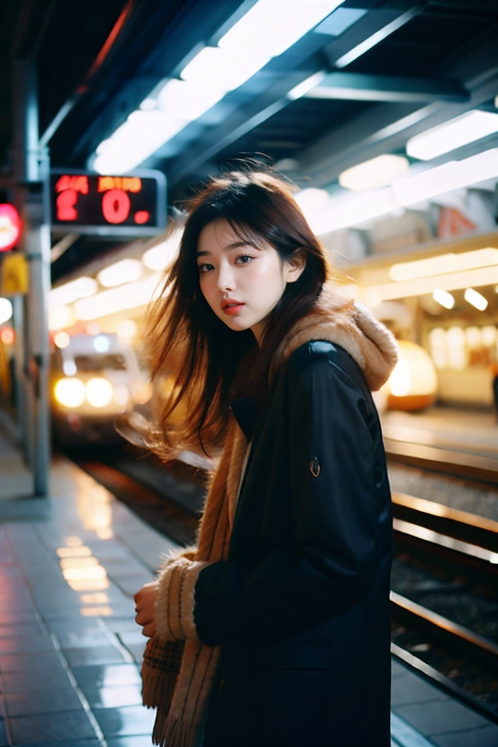 1girl,coat,train station,guiji,<lora:光追际:1>,