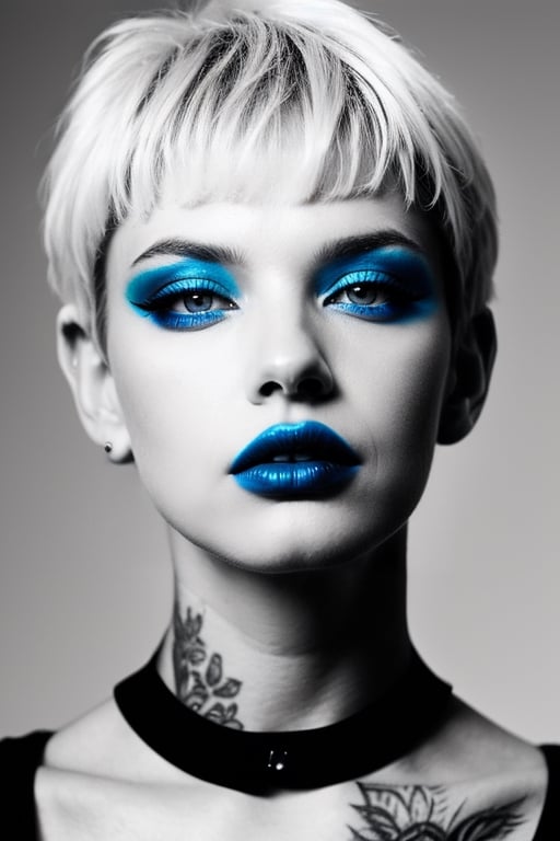 A closeup portrait of a woman with white short hair, wearing a black shirt, blue lipstick and blue eye shadow, tattoo on her neck, black and white, digital art ,wo_g0rg301