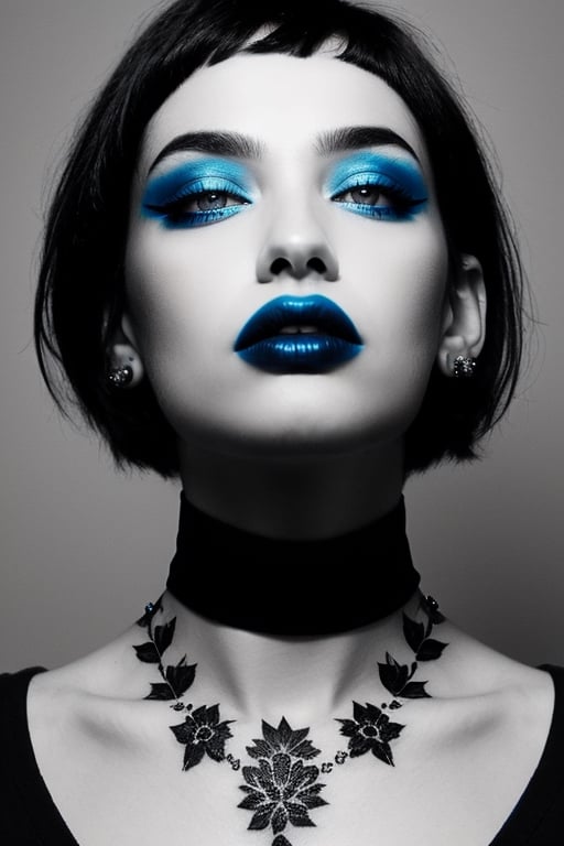 A closeup portrait of a woman with short black hair, wearing a black shirt, blue lipstick and blue eye shadow, tattoo on her neck, black and white, digital art ,wo_g0rg301