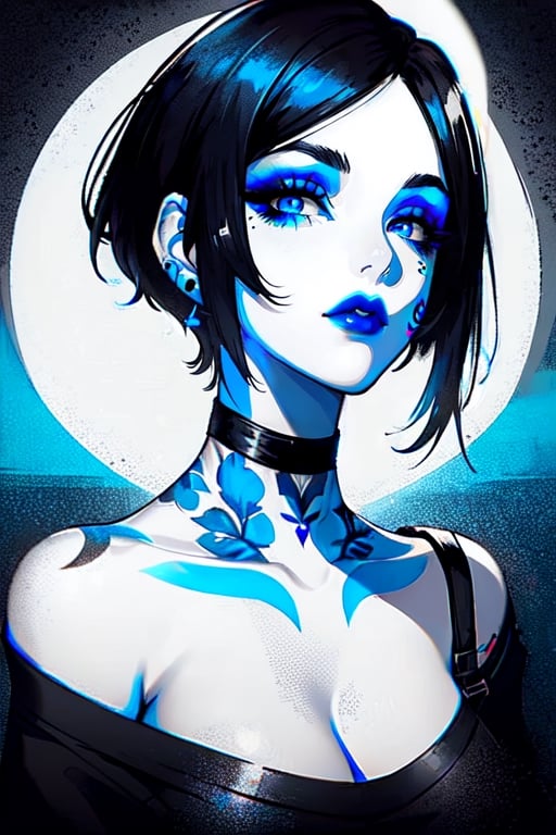 A closeup portrait of a woman with short black hair, wearing a black shirt, blue lipstick and blue eye shadow, tattoo on her neck, black and white, digital art ,wo_g0rg301