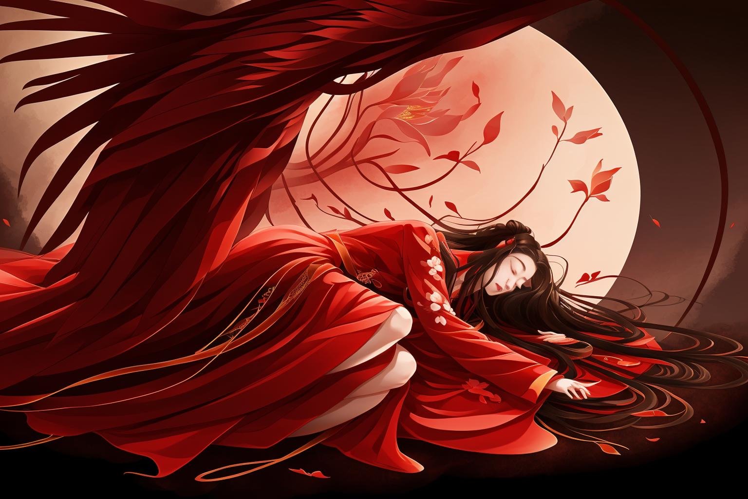 gufeng, 1girl, long hair, dress, lying, on side, closed eyes, very long hair, flower, brown hair, wings, red dress, red footwear, black hair, long sleeves, <lora:gufeng-000014:1>