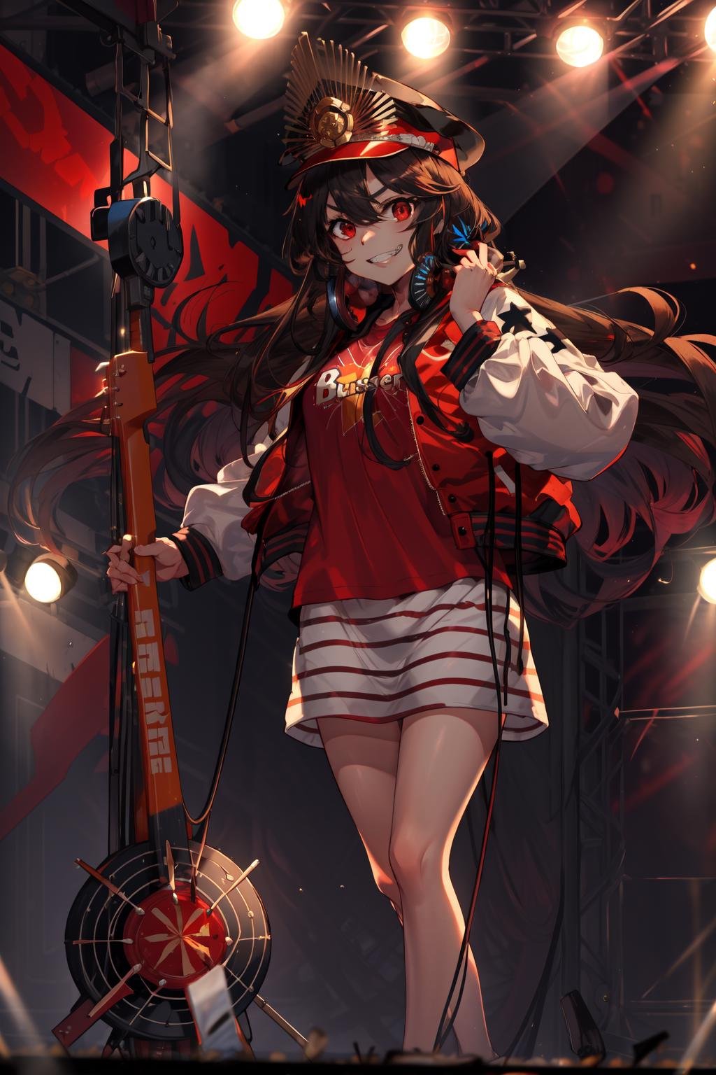 masterpiece,best quality,1girl,Berserker1,Nobu's Letterman Jacket,grin,standing,((holding guitar)),on stage,stage lights,<lora:FateNobu:0.8>,