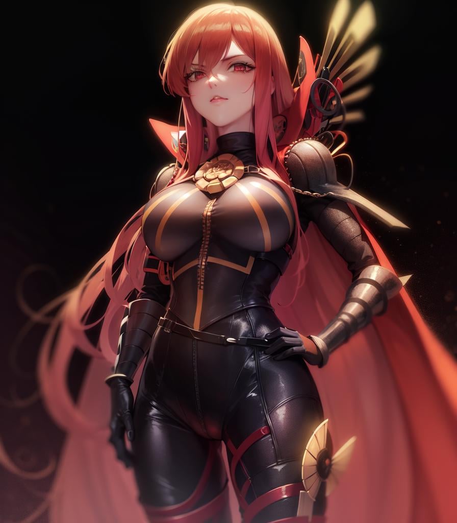 masterpiece, best quality, high resolution, 1girl, solo, MaouNobu, Maou bodyarmor, big breasts, hand on hips, <lora:FateNobu:0.9>,