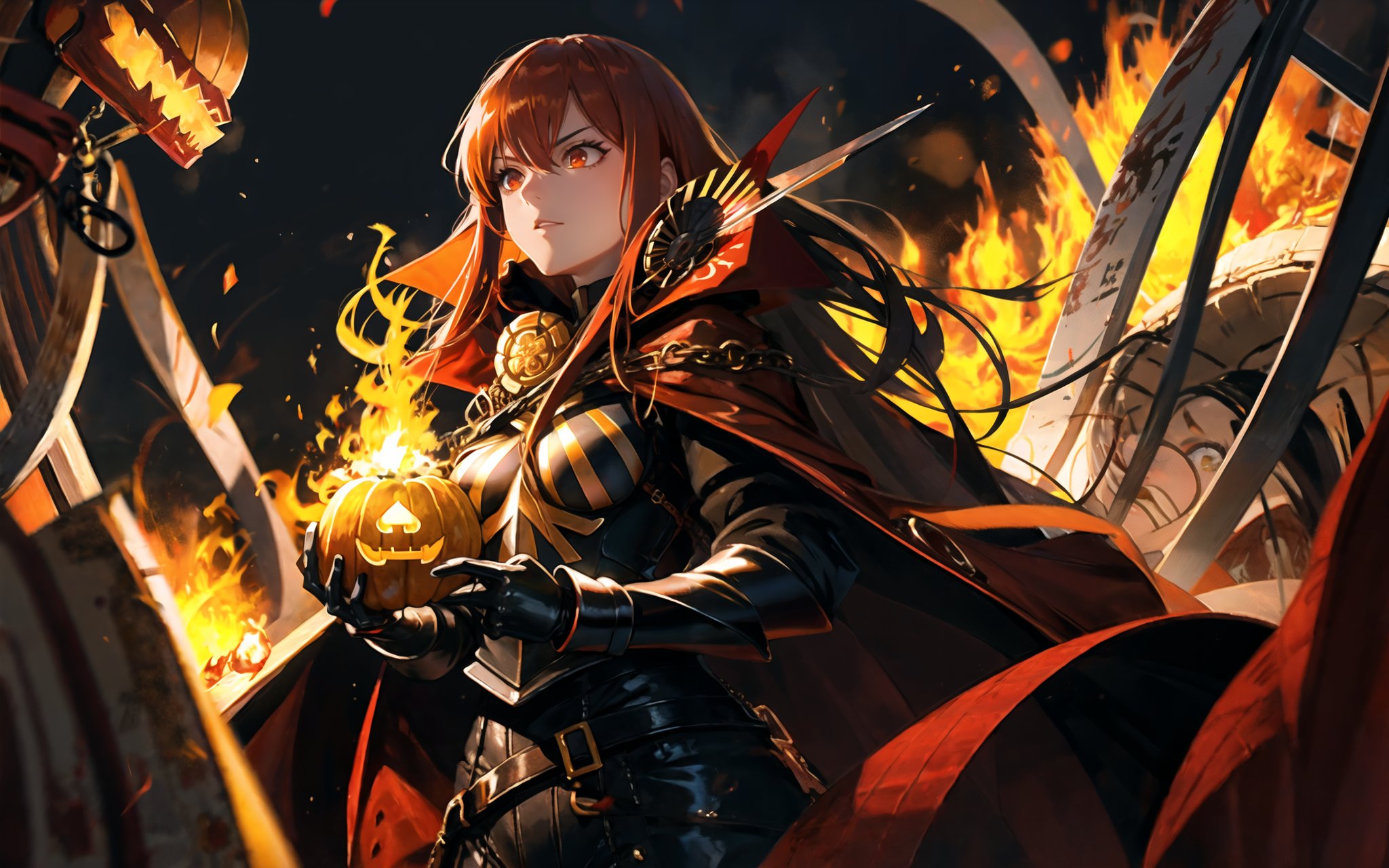 masterpiece, best quality, high resolution, 1girl, solo, MaouNobu, Maou bodyarmor, big breasts, a girl holding a pumpkin in front of a fire, ssr card, goro, full picture, from horror movies, official print, fire poi, holds a small knife in hand, alicization, octoberfest, malevolent expression, anton, 1 9 th