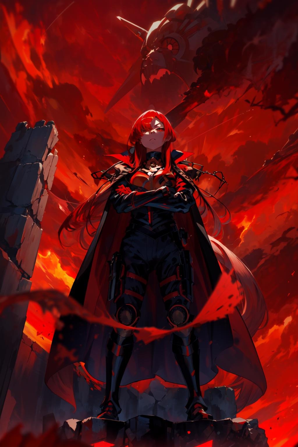 masterpiece,best quality,1girl,MaouNobu,Maou bodyarmor,red hair,long hair,expressionless,standing,crossed arms,step on viewer,red sky,from below,<lora:FateNobu:0.8>,