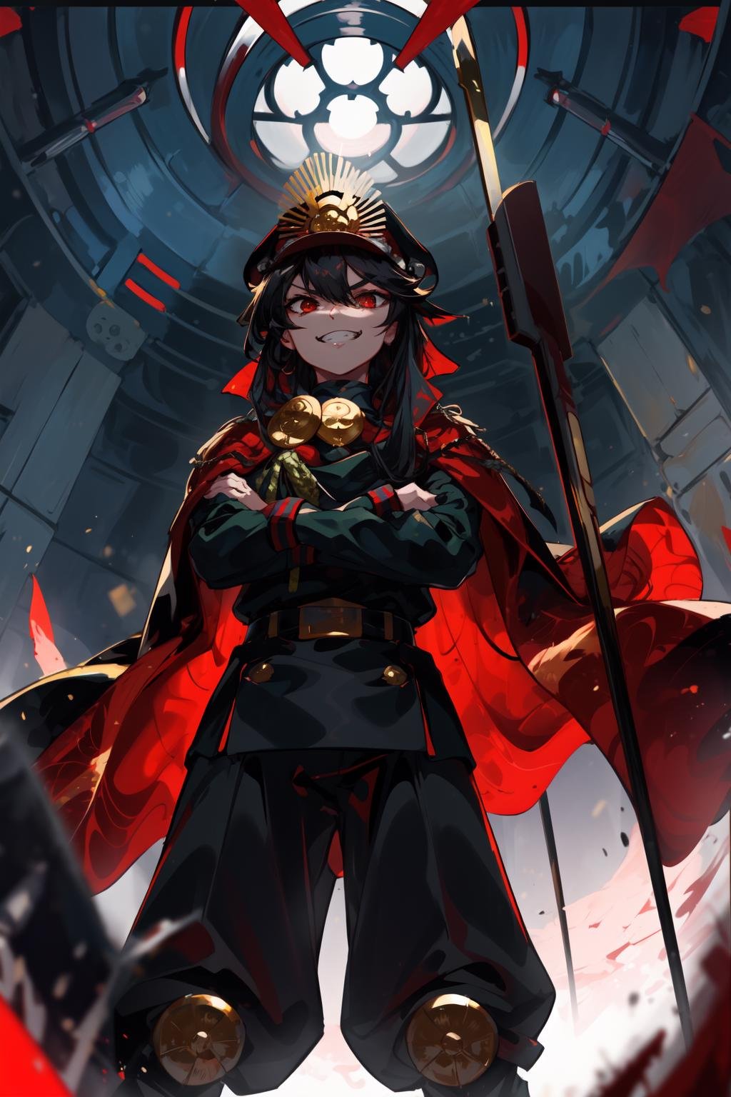 masterpiece,best quality,1girl,ArcherNobu,Nobu Military Uniform,evil grin,standing,crossed arms,harquebus,from below,<lora:FateNobu:0.8>,