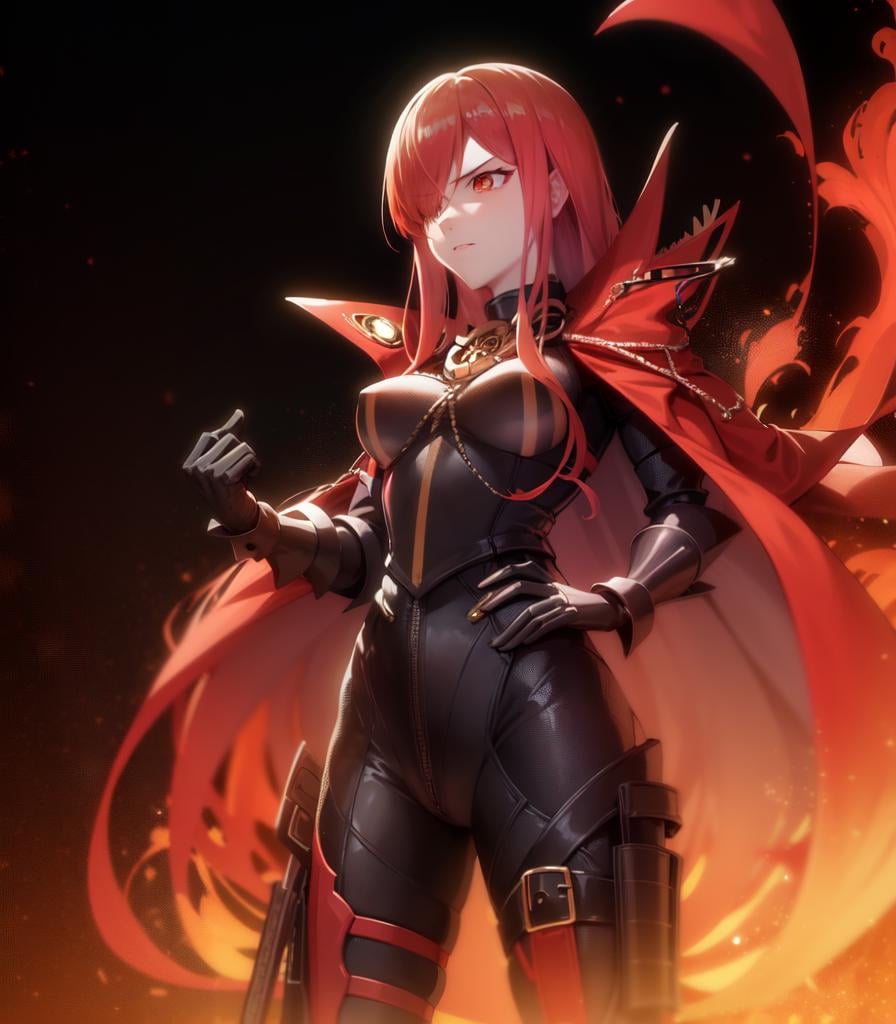 masterpiece, best quality, high resolution, MaouNobu, Maou bodyarmor, 1girl,  solo, (( fire)), standing, skull, red hair, breasts,<lora:FateNobu:0.9>,