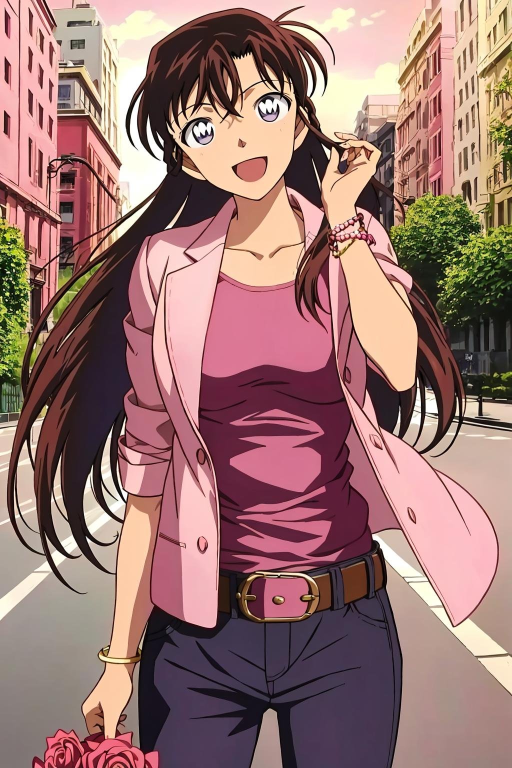 ran, 1girl, solo, long_hair, breasts, looking_at_viewer, smile, open_mouth, bangs, blue_eyes, city, brown_hair, shirt, hair_between_eyes, jewelry, medium_breasts, very_long_hair, standing, collarbone, jacket, upper_body, flower, short_sleeves, :d, open_clothes, shiny, belt, pants, shiny_hair, bracelet, open_jacket, head_tilt, black_shirt, floating_hair, rose, outdoor, red_flower, buckle, pink_flower, pink_shirt, belt_buckle, pink_jacket, pink_rose