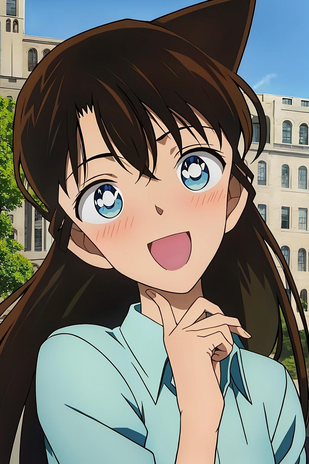 ran, 1girl, solo, long_hair, looking_at_viewer, blush, smile, open_mouth, bangs, blue_eyes, brown_hair, shirt, hair_between_eyes, upper_body, :d, outdoors, sky, day, shiny, collared_shirt, shiny_hair, blue_sky, head_tilt, dress_shirt, floating_hair, blue_shirt, wing_collar, building, portrait, green_shirt, official_style, (ran_hair_style)