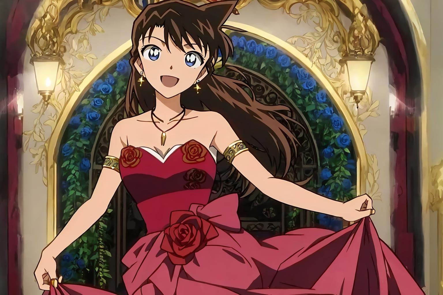 ran, 1girl, solo, long_hair, looking_at_viewer, smile, open_mouth, bangs, blue_eyes, brown_hair, dress, bare_shoulders, jewelry, collarbone, flower, earrings, sleeveless, necklace, strapless, sleeveless_dress, rose, floral_print, red_dress, own_hands_together, dance_hall, armband, strapless_dress, armlet, pendant, v_arms, evening_gown