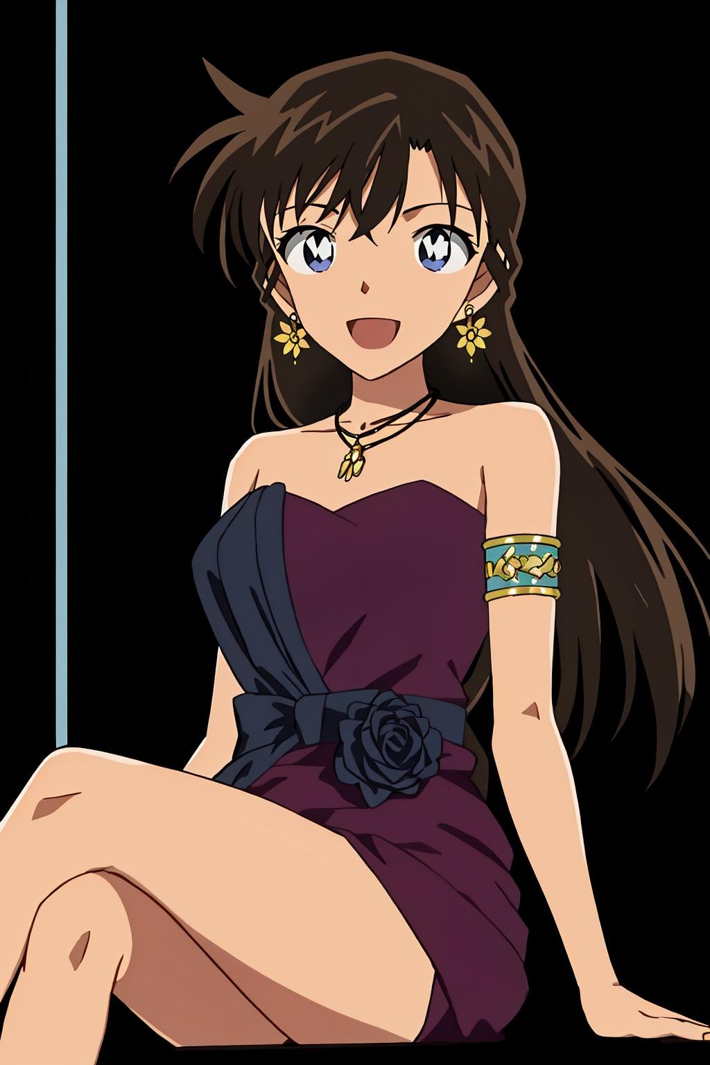 ran, 1girl, solo, long_hair, looking_at_viewer, smile, open_mouth, bangs, blue_eyes, brown_hair, dress, bare_shoulders, jewelry, collarbone, flower, :d, earrings, sleeveless, necklace, character_name, strapless, sleeveless_dress, rose, floral_print, red_dress, own_hands_together, black_background, armband, strapless_dress, armlet, pendant, v_arms, evening_gown, sitting, from_below, crossed_legs