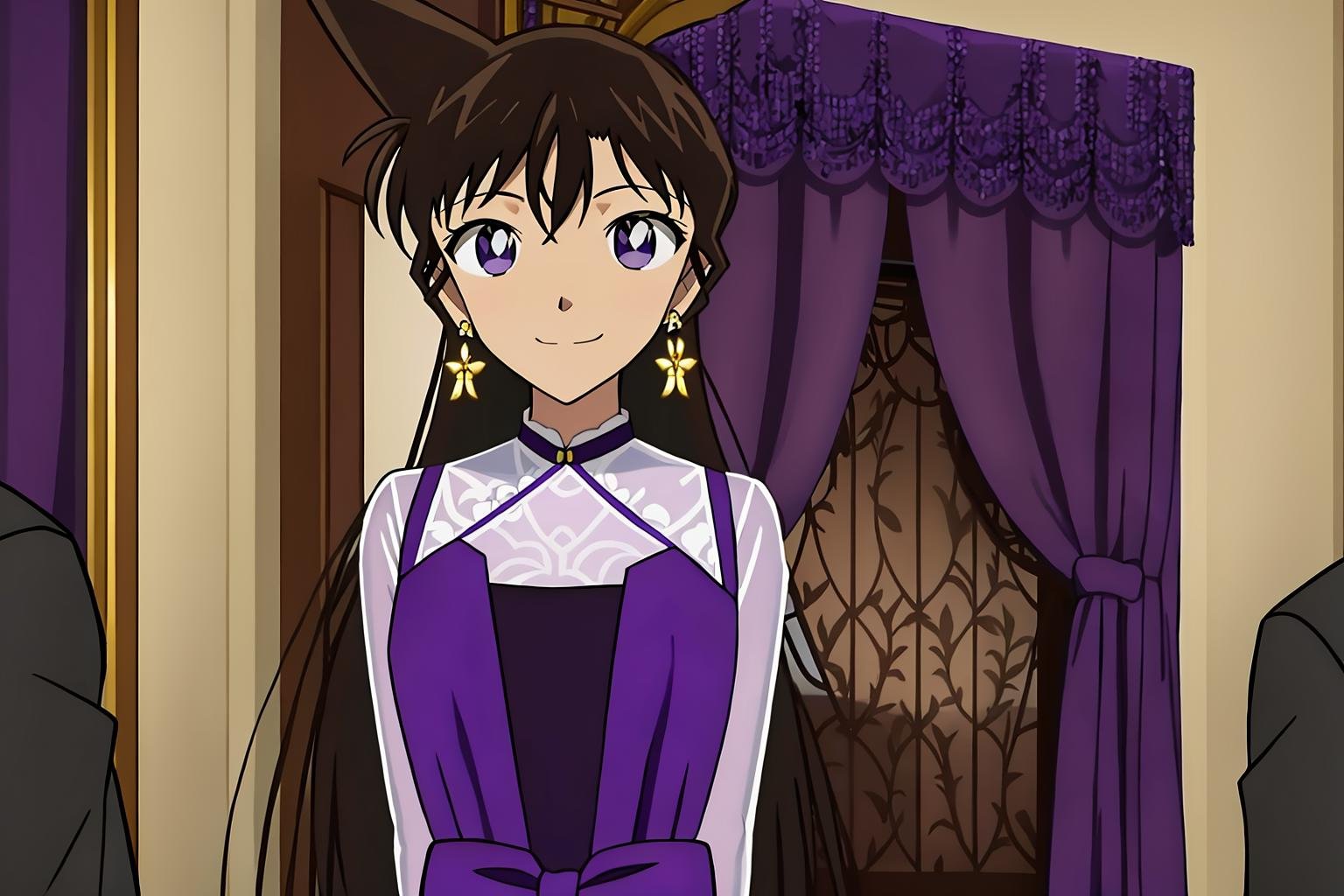 ran, 1girl, solo, long_hair, looking_at_viewer, smile, bangs, blue_eyes, brown_hair, dress, bow, jewelry, closed_mouth, earrings, solo_focus, indoors, see-through, arms_behind_back, formal, cross, purple_dress, purple_bow, flower_earrings