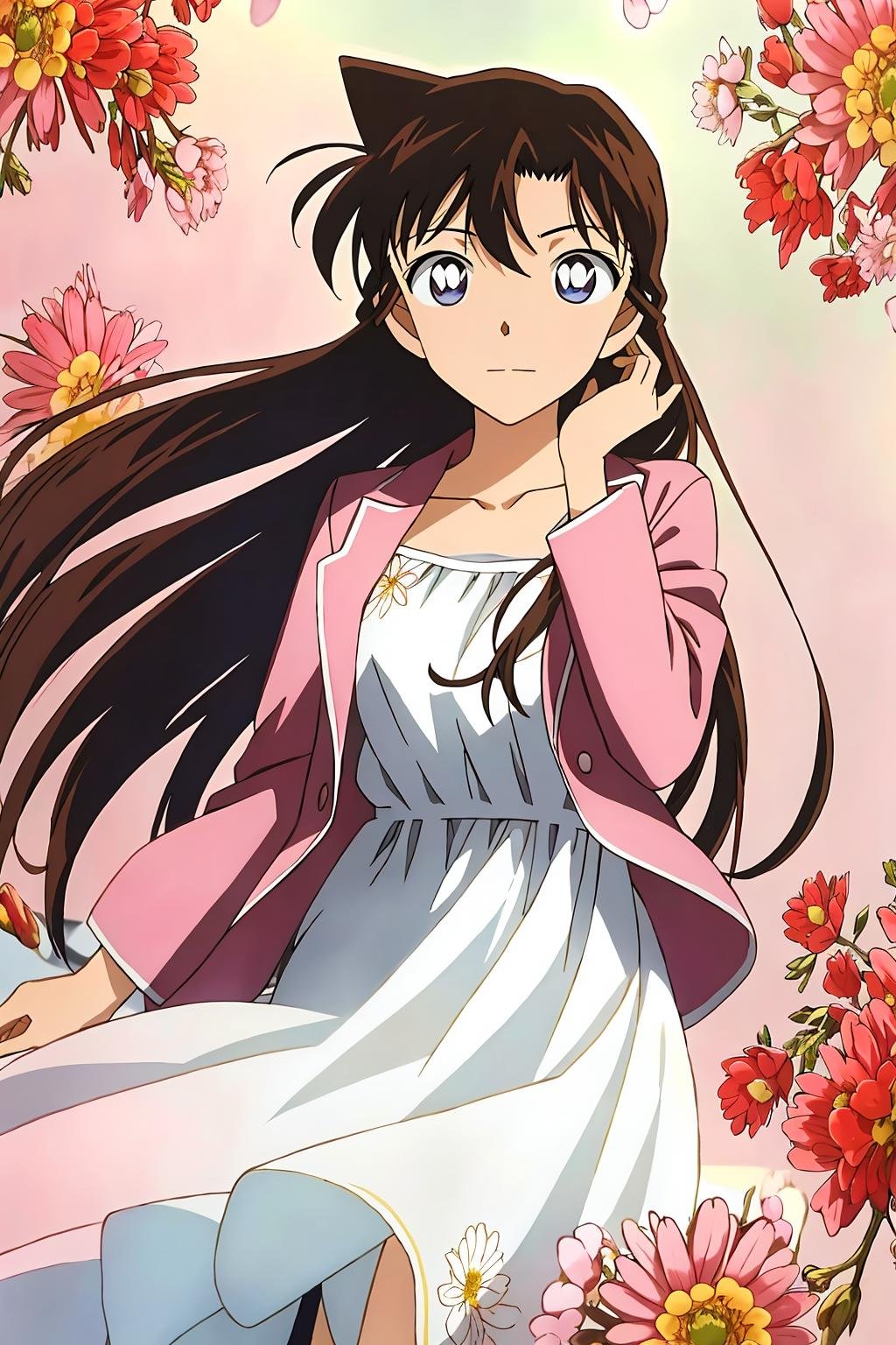 ran, 1girl, solo, long_hair, looking_at_viewer, bangs, blue_eyes, brown_hair, black_hair, long_sleeves, dress, closed_mouth, standing, collarbone, jacket, flower, open_clothes, white_dress, floating_hair, red_flower, pink_flower, hand_in_own_hair, floral_background