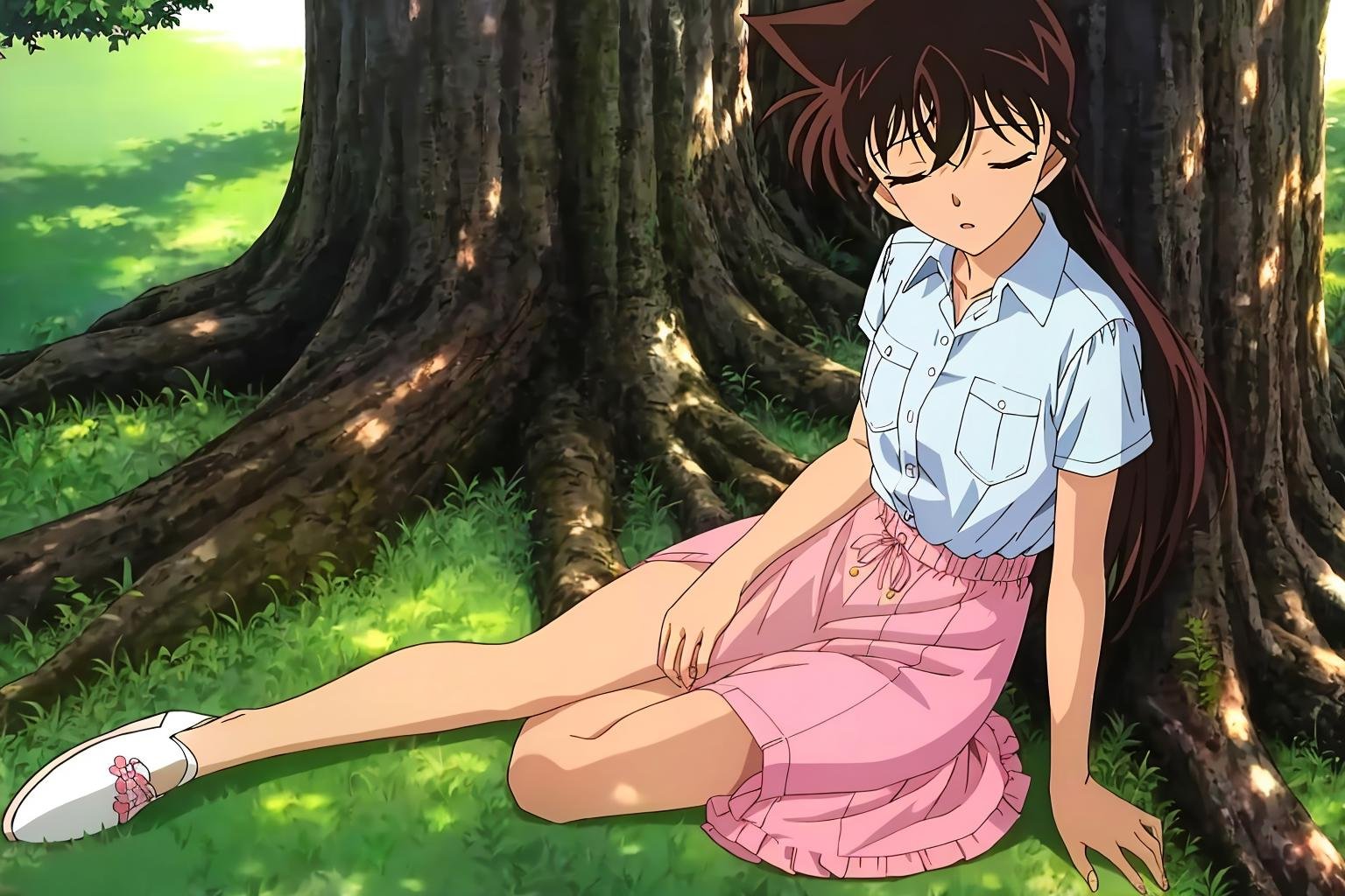 ran, 1girl, solo, open_mouth, bangs, skirt, brown_hair, shirt, long_hair, dress, hair_between_eyes, sitting, collarbone, full_body, closed_eyes, short_sleeves, outdoors, parted_lips, shoes, day, collared_shirt, high_heels, tree, dress_shirt, white_footwear, sleeping, grass, blue_shirt, wing_collar, facing_viewer, pink_skirt, pocket, long_skirt, yokozuwari, breast_pocket, pumps, sleeping_upright, against_tree