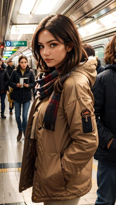 (best quality, masterpiece) photorealistic,lifelike rendering,1girl,chestnut,cowboy shot,side view,evening,night shot,a girl inside a subway station,subway train passing behind her,motion blur,film grain:1.2,winter jacket,scarf,Radiant Comfort, Golden Hour, Cozy Ambiance