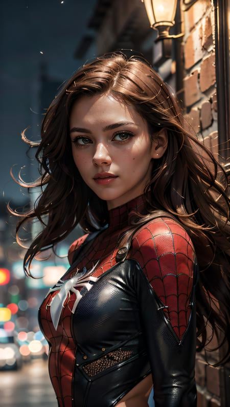 (best quality, masterpiece, colorful, dynamic angle, highest detailed) upper body photo, fashion photography of cute, intense long red hair, \Mary Jane\ in spiderman suit, (ultrahigh resolution textures), in dynamic pose, bokeh, glowing web, (intricate details, hyperdetailed:1.15), detailed, moonlight passing through hair, perfect night, colorful poster art flat background, (official art, extreme detailed, highest detailed), HDR