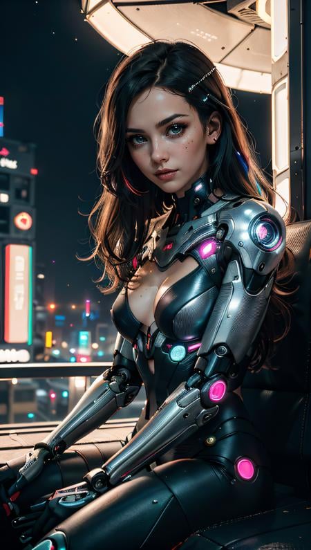 (best quality, masterpiece, colorful, dynamic angle, highest detailed)upper body photo, full body photo, fashion photography of cute 1girl, mechanical arms, cyborg, dark mood, dystopia, glowing, looking at viewer, sitting, long hair, bokeh (intricate details, hyperdetailed:1.15), detailed, moonlight passing through hair, (official cyberpunk art, extreme detailed, highest detailed), HDR