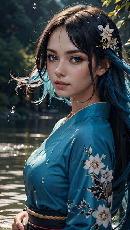 (best quality, masterpiece, colorful, dynamic angle, highest detailed)full body photo, ull body photo epic realistic, (close up), 1girl, floating blue_hair, long hair, (water:0.7), waterdrop, wet, holding_katana, blue_kimono with intricate pattern, ultra detailed, (textured_clothing), black_background,  (intricate details, hyperdetailed:1.15), detailed, light passing through hair, (official art, extreme detailed, highest detailed),