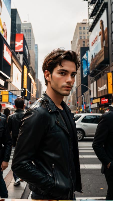 (best quality, masterpiece) most attractive man in the world, photography, man wear blackjacket leather in New York city, paintings, details, dim light, dawn, bokeh background,