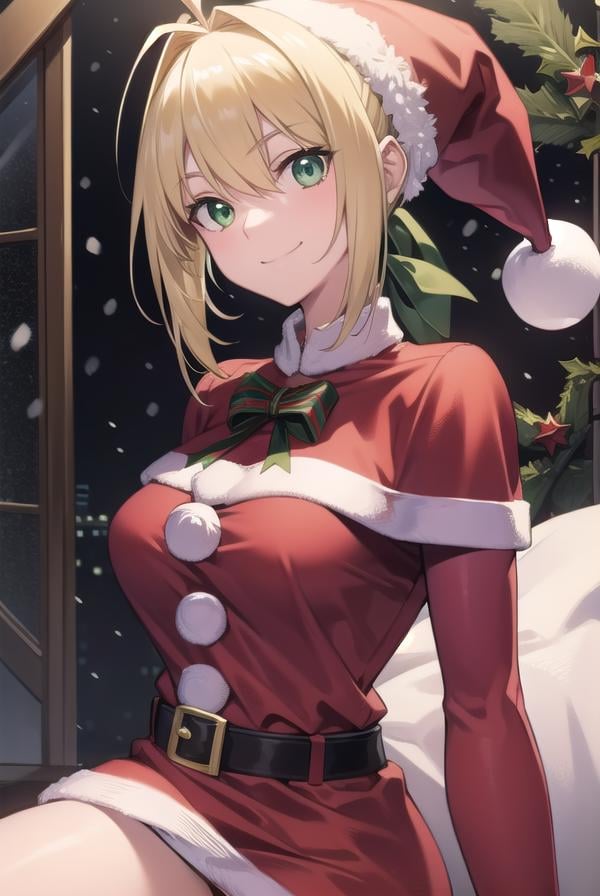 fgonero, <lora:nero-lora-nochekaiser:1>, nero, ahoge, blonde hair, (green eyes:1.5), hair between eyes, hair intakes, smile, grin,BREAK (santa costume:1.5), santa hat, christmas hat,BREAK looking at viewer, BREAK outdoors, snow,BREAK <lyco:GoodHands-beta2:1>, (masterpiece:1.2), best quality, high resolution, unity 8k wallpaper, (illustration:0.8), (beautiful detailed eyes:1.6), extremely detailed face, perfect lighting, extremely detailed CG, (perfect hands, perfect anatomy),