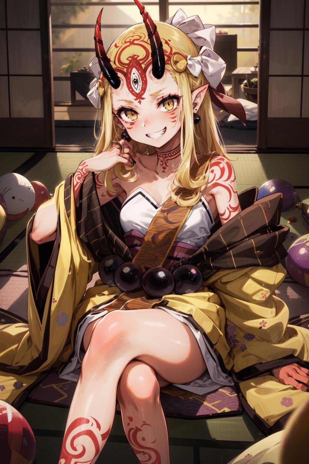 masterpiece,best quality,1girl,ibaraki_douji,japanese clothes,kimono,fingernails,bare shoulders,off shoulder,yellow kimono,forehead mark,sharp fingernails,jewelry,earrings,evil grin,sitting,crossed legs,tatami,<lora:ibaraki_douji_fate:0.9>,