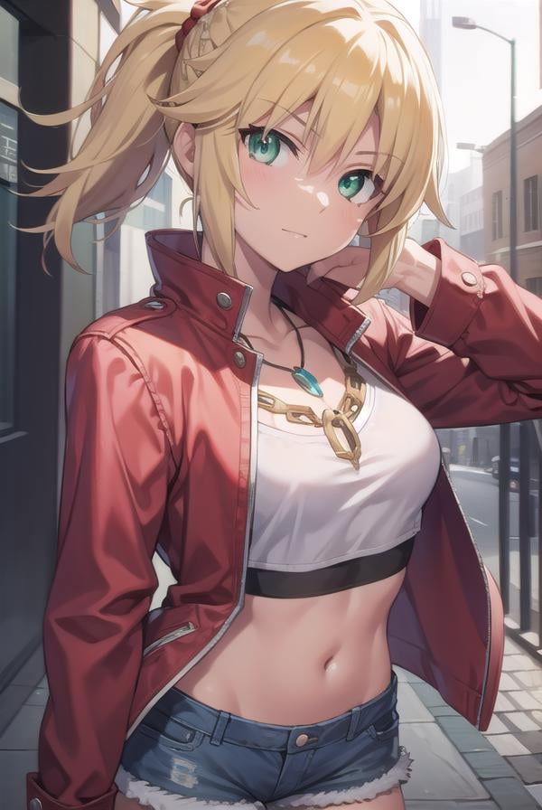 fgomordred, <lora:mordred-lora-nochekaiser:1>,modred, (green eyes:1.5), blonde hair, ponytail, short hair, scrunchie, red scrunchie, hair scrunchie, (small breast:1.2),BREAK blonde hair, denim, denim shorts, jacket, jewelry, midriff, navel, necklace, red jacket, short shorts, shorts, tube top, white top,BREAK looking at viewer,BREAK outdoors,BREAK <lyco:GoodHands-beta2:1>, (masterpiece:1.2), best quality, high resolution, unity 8k wallpaper, (illustration:0.8), (beautiful detailed eyes:1.6), extremely detailed face, perfect lighting, extremely detailed CG, (perfect hands, perfect anatomy),