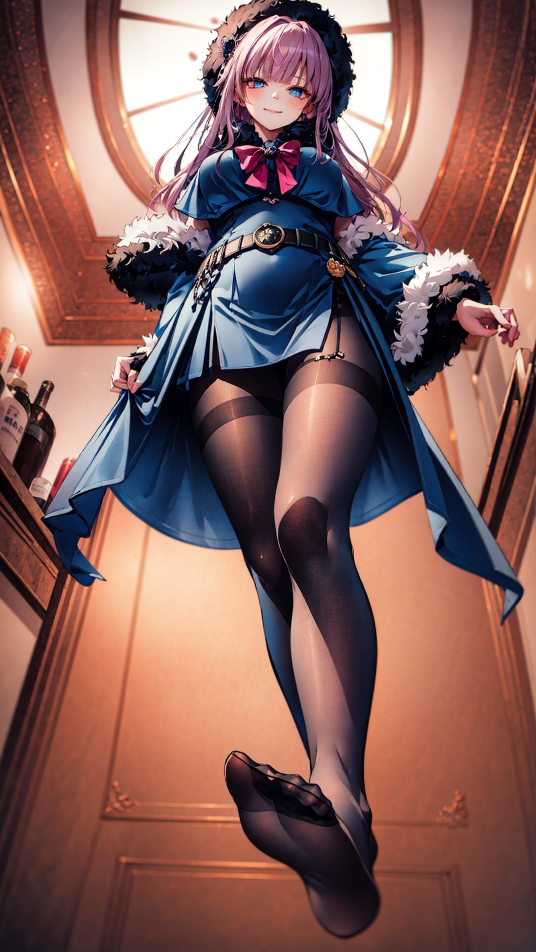 1girl, aajuvia,  long hair,  blue headwear,  fur-trimmed headwear,  capelet,  blue dress,  long sleeves,  belt,  side slit,  tattoo,  (black thighhighs), thick thighs, big breasts, wide hip, half closed eyes, smug, (smirk), happy expression, bar, medieval bar, standing, one leg up, (sole:1.2), feet pantyhose, (foreshortening), (from below:1.3), looking at viewer, masterpiece, extremely detailed CG unity 8k wallpaper,  best quality, 32k, focus sharp,  ,  ,  FFA, From below, Leg up, <lora:EMS-14797-EMS:0.400000>, , <lora:EMS-57409-EMS:0.700000>, , <lora:EMS-32356-EMS:0.800000>