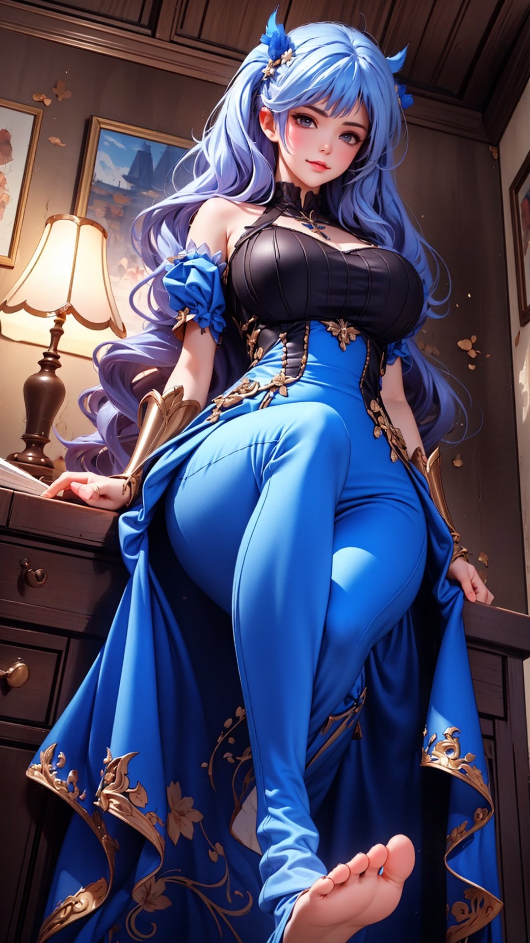 1girl, irelia,  ribbon,  arm ribbon, long hair,  blue hair,  light armor, red dress, thight dress, (big breasts), blue pants, pants, thicc, thick thighs, curvy, looking at viewer, castle, detailed castle, serious, erotic face, erotic expression, half closed eyes, smug, smirk, room, (foreshortening), (from below:1.2), masterpiece, extremely detailed CG unity 8k wallpaper,  best quality, 32k, focus sharp,  ,  FFA,  from below,  leg up,  sole,  (feet sole), (feet),  looking at viewer,  FFA, From below, Leg up,  Detail, <lora:EMS-14797-EMS:0.400000>, , <lora:EMS-57409-EMS:0.600000>, , <lora:EMS-14488-EMS:0.800000>, , <lora:EMS-26397-EMS:0.800000>