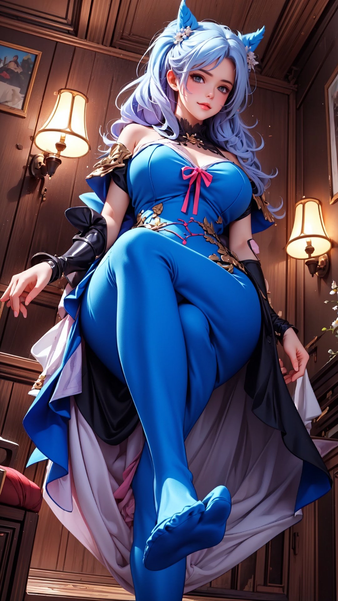 1girl, irelia,  ribbon,  arm ribbon, long hair,  blue hair,  light armor, red dress, thight dress, (big breasts), blue pants, pants, thicc, thick thighs, curvy, looking at viewer, castle, detailed castle, serious, erotic face, erotic expression, half closed eyes, smug, smirk, room, (foreshortening), (from below:1.2), masterpiece, extremely detailed CG unity 8k wallpaper,  best quality, 32k, focus sharp,  ,  FFA,  from below,  leg up,  sole,  (feet sole), (feet),  looking at viewer,  FFA, From below, Leg up,  Detail, <lora:EMS-14797-EMS:0.400000>, , <lora:EMS-57409-EMS:0.600000>, , <lora:EMS-14488-EMS:0.800000>, , <lora:EMS-26397-EMS:0.800000>