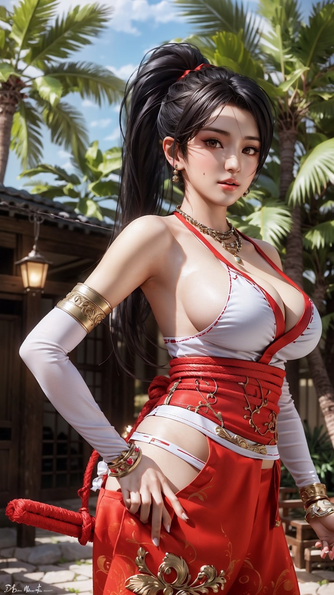 (masterpiece,  best quality:1.3)    DOAMomiji,  1girl,  solo,  long hair,  breasts,  looking at viewer,  large breasts,  holding,  cleavage,  bare shoulders,  brown eyes,  jewelry,  ponytail,  weapon,  detached sleeves,  japanese clothes,  necklace,  tree,  lips,  sash,  high ponytail,  rope,  ninja,  hip vent,  DOAMOMIJI, <lora:EMS-14797-EMS:0.400000>, , <lora:EMS-14488-EMS:0.800000>, , <lora:EMS-26397-EMS:0.800000>, , <lora:EMS-57421-EMS:0.800000>