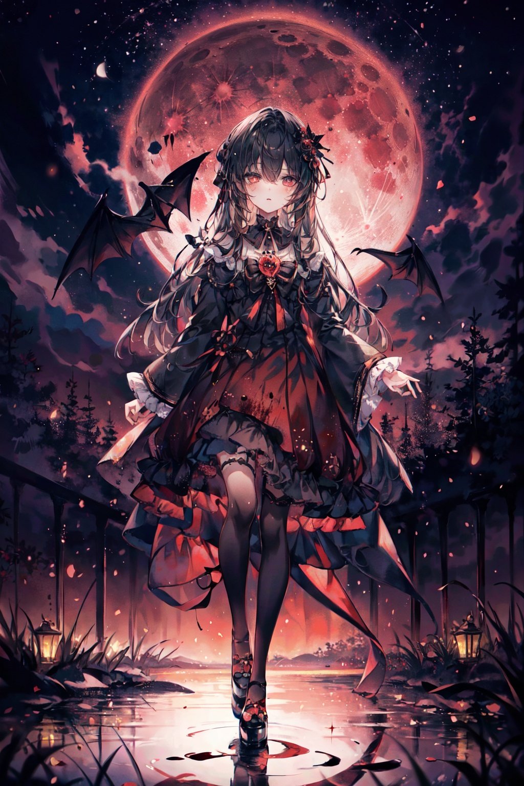  (masterpiece, 4k, best quality, highly detailed, 1girl, solo),1girl, solo, watercolor, moonlit, mystical, ethereal, delicate, serene, dark colors, vibrant reds, crescent moon, stars, flowing hair, short hair, black hair, moon-shaped hairpin, large eyes, innocent expression, pale skin, small figure, Lolita fashion, frilly dress, black and red color scheme, lace details, knee-high socks, Mary Jane shoes, blood moon, ominous atmosphere, wispy clouds, eerie shadows, glowing red eyes, moonlight reflecting on the ground, bats flying in the background, silhouette of a spooky tree, misty forest, haunted ambiance, enchanted aura, stillness, magical girl, blood-red ribbons, moonlit path, nightfall, mysterious beauty, gothic elements, solemn expression, hidden powers, moonlit lake, reflection, tranquility, nocturnal creature, otherworldly presence, midjourney