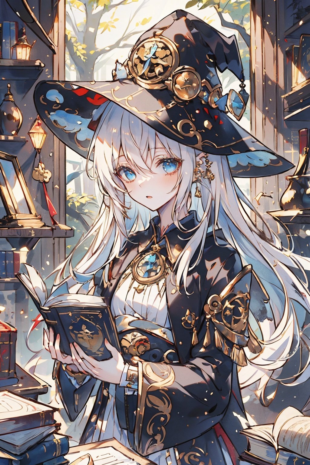  (masterpiece:1.5), (best quality:1.0), 8k, high detailed, girl, wizard's hat, wizard's dress, magical forest, open book, glowing book, casting spell, lush trees, vibrant plants, intricate patterns, leather-bound book, golden trim, ancient runes, long hair, piercing eyes, focused expression, determined, cozy animation scenes