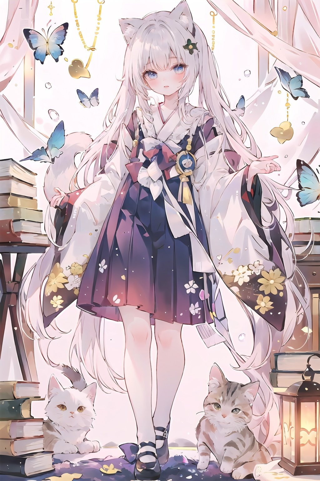  (((houraisan kaguya))), blue butterfly, butterfly, butterfly hair ornament, glowing butterfly, origami, paper crane, 1girl, long_hair, book, white hair, skirt, paper airplane, solo, book stack, very long hair, black skirt,, ginkgo leaf, blue bow, shoes,, pleated_skirt, ,flying,catgirl,cat ears,white tail,fox tail,yuzu crystal , cuteloli