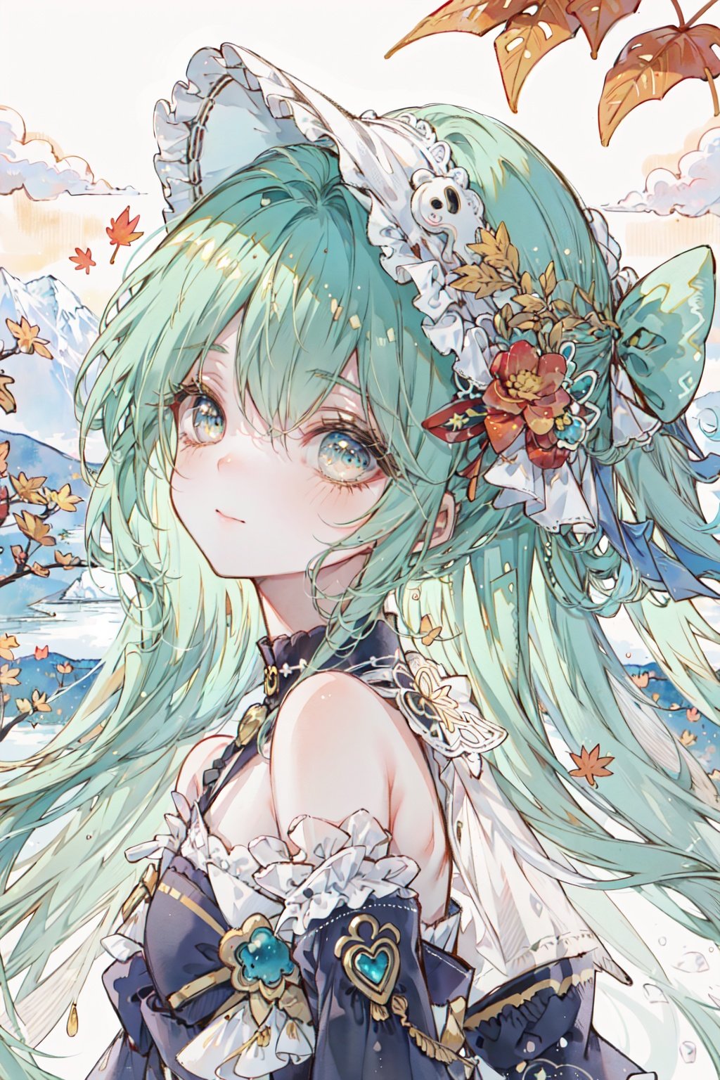  {masterpiece},{best quality},{{illustration}},
(watercolor:1.2),
cute 1girl, straw hat,flowers,
silver hair, very long hair, aqua eyes, flat chest,
closed mouth, faint smile,
(blue dress:1.3),bare shoulders,bow,
upper body, from side,
BREAK,
(depth of field:1.4),bare tree,autumn,(autumn leaves:1.4), branch, bare stones,mountains in the distance, lake,cloud,
zentangle background,scenery, yellow and red sky,autumn light,