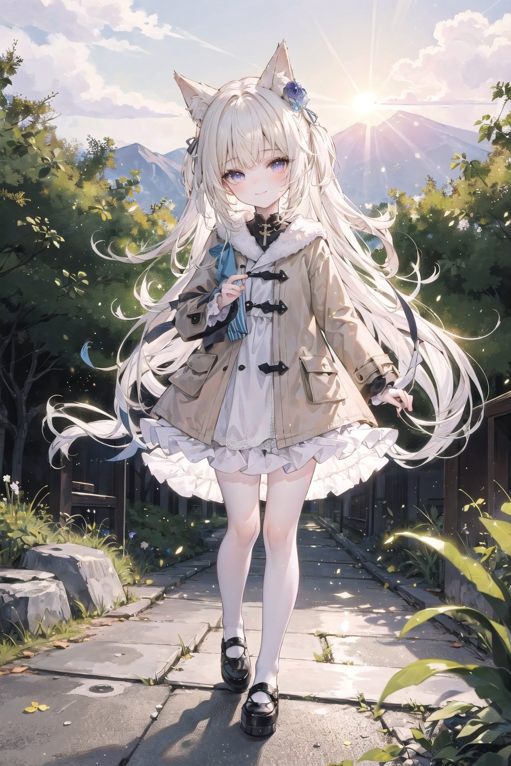  1girl, solo, loli, petite, light_smile, blonde_hair, long_hair, dress, (beige_coat:1.2), (closed_mouth), faint_smile, straight_hair, (glowing_eyes), wind_lift, hair_lift, 
(outdoors), stone_road, branches, (leaves), head tilt, (looking at viewer), straight-on, (full_body), white_socks, (fox_ears), (fox_tails), green_eyes,
foreground_bushes, (bushes), tree, forest, sunshine, tyndall_effect,(church:1.2),(stone_road), (cobblestone), (sunshine), (sunset), (dawn), holding_bread, 
((masterpiece)), (highres), (best_quality), (highly_detailed), (original),(Delicate background),(extremely detailed 8K wallpaper),cinematic lighting, volume lighting, light particles, (backlighting), beautiful_detailed_eyes,child, cozy animation scenes