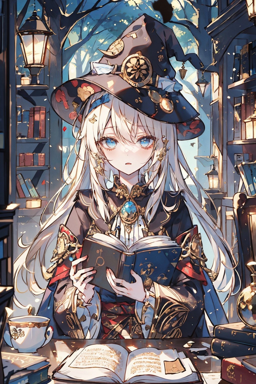  (masterpiece:1.5), (best quality:1.0), 8k, high detailed, girl, wizard's hat, wizard's dress, magical forest, open book, glowing book, casting spell, lush trees, vibrant plants, intricate patterns, leather-bound book, golden trim, ancient runes, long hair, piercing eyes, focused expression, determined, cozy animation scenes