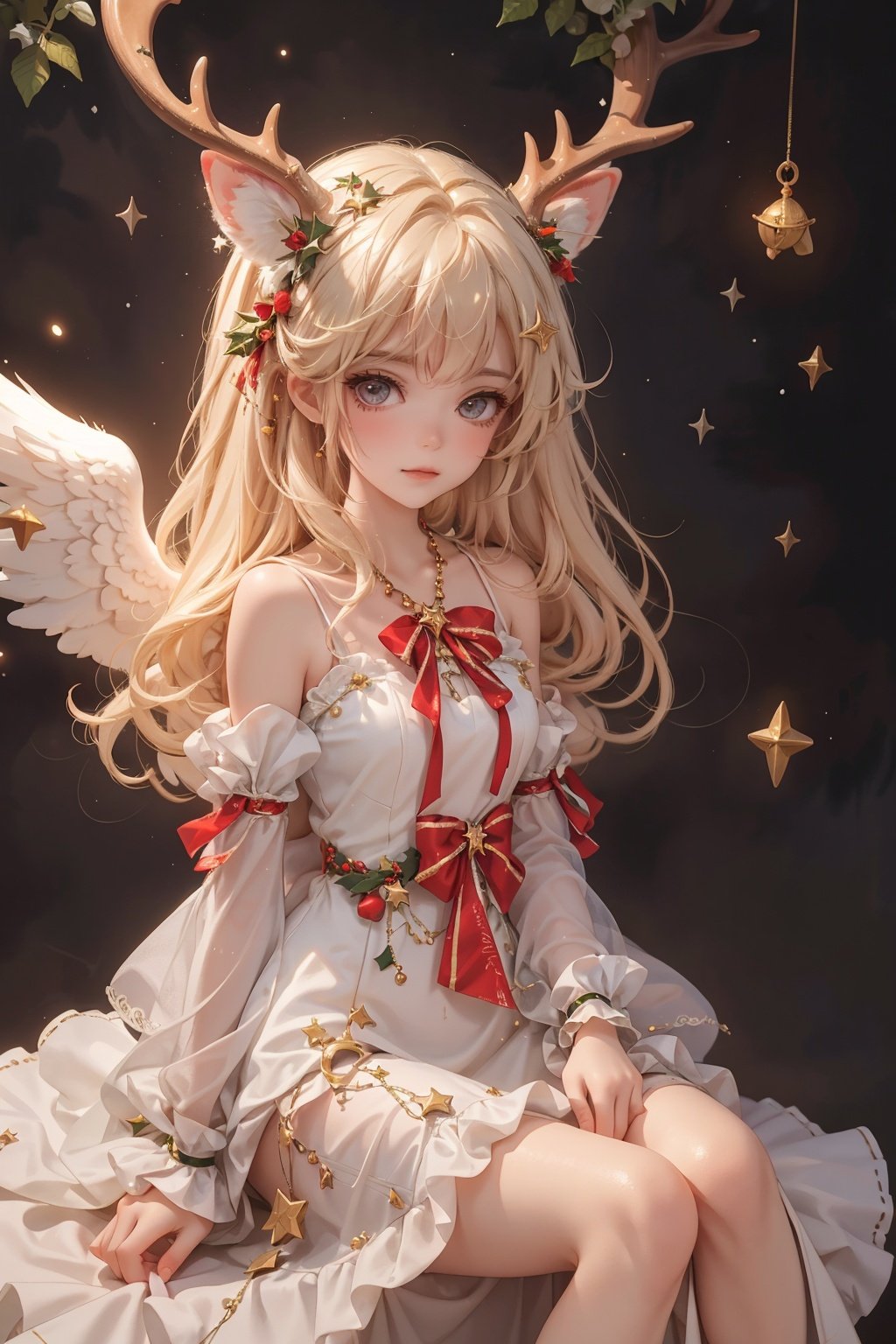  1girl, solo, :3, christmas party, angel costume, frills, bell, star, clouds, dynamic angle, lolita, castle, sitting on a big star, magic, long dress, chibi, deer antler, simple background, simple drawing, gfl,chibi