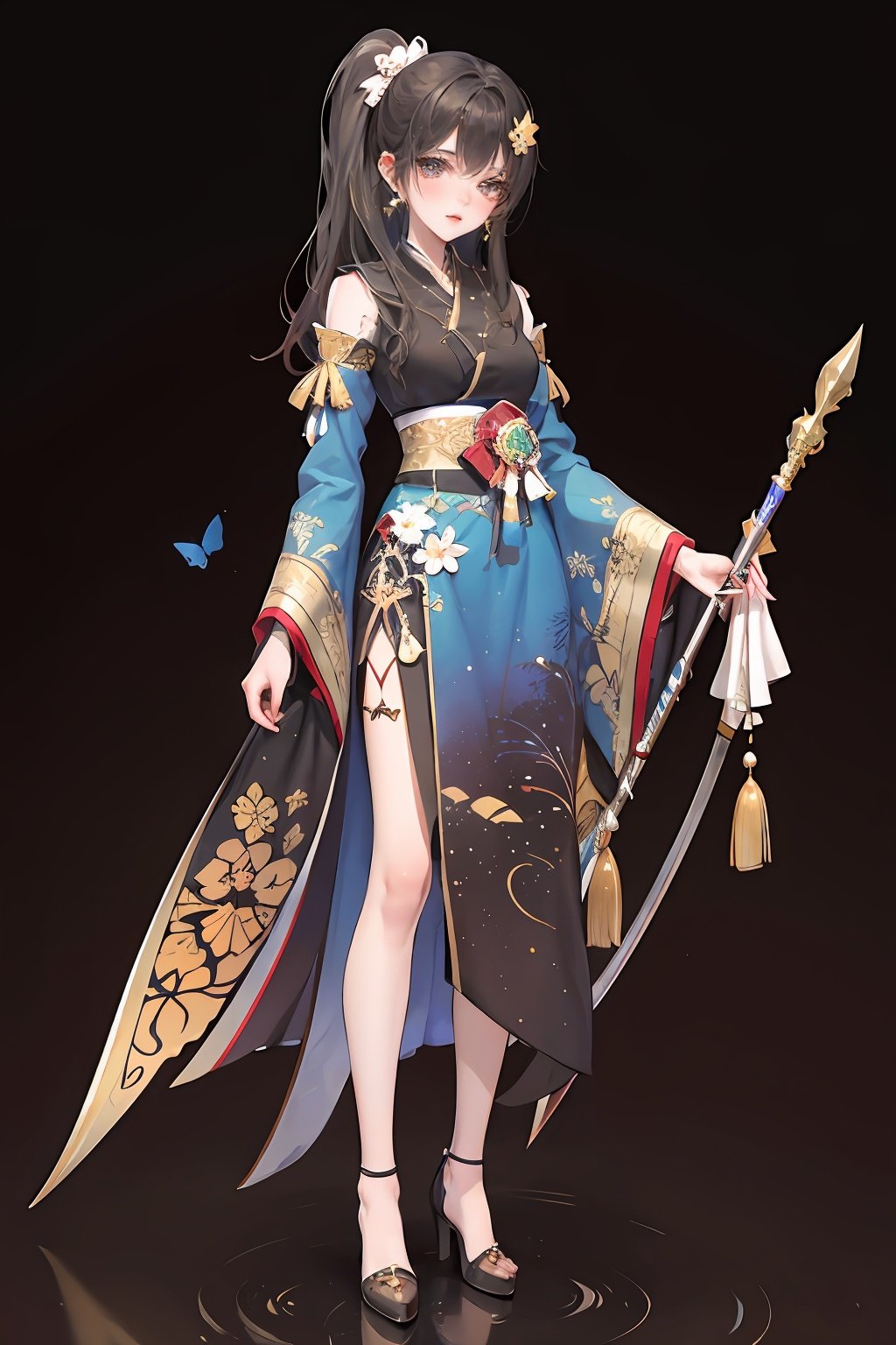  qzlihui, 1girl, solo, weapon, holding, high heels, polearm, white background, holding weapon, long hair, full body, holding polearm, ponytail, dress, simple background, long sleeves, standing, black footwear, jewelry, wide sleeves, black hair, black dress, brown hair, bug, butterfly, spear, blue eyes, hair ornament, closed mouth, earrings, looking at viewer, combats, High horsetail, butterfly