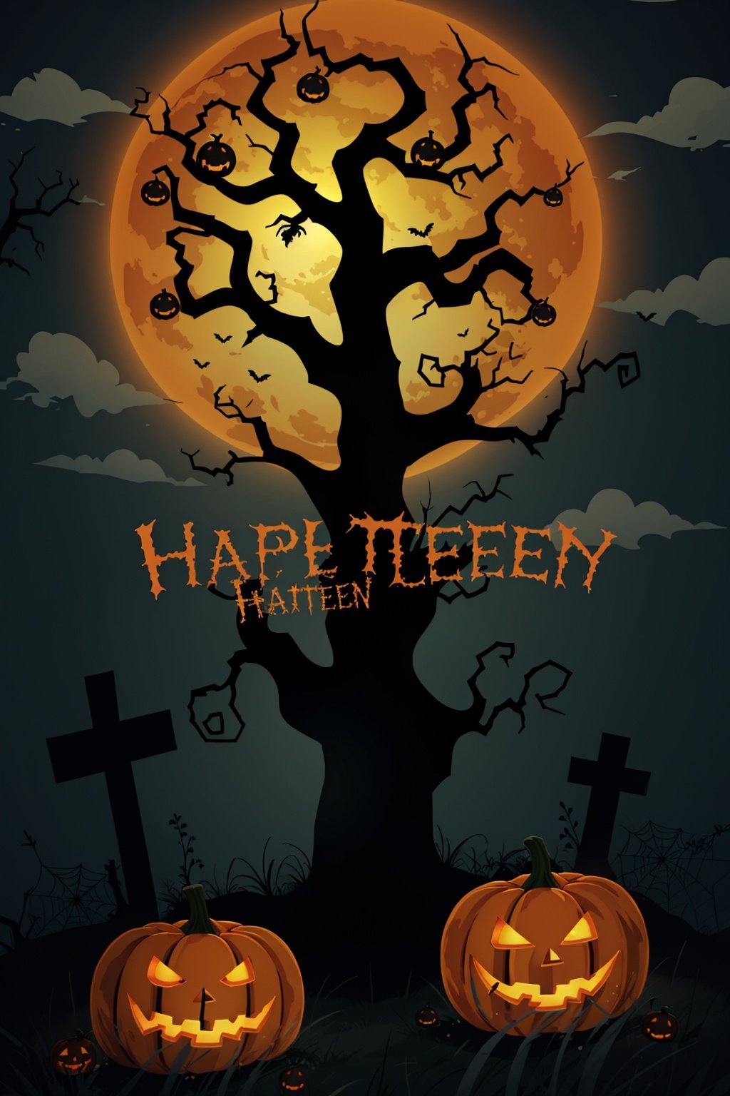 dark clouds,grass,tombstone,English letters,spider,Spider web,Bats,withered tree,full moon,Pumpkin lantern